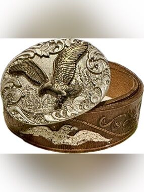 Western leather belt with eagle buckle